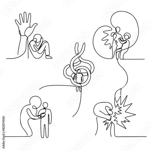 Line art illustrates abuse showing different forms of this social issue, with drawings representing mental and physical issues. One line art represents tangled thoughts,