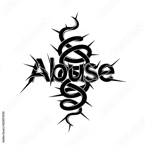 Abuse depicted as barbed wire wrapped around word. Dark portrayal of abuse, its implications including isolation and struggle. Concept illustration of abuse representing pain and restriction.