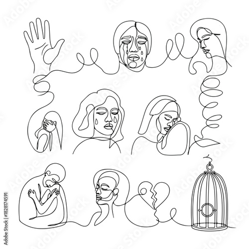 Conceptual line art shows abuse, with continuous line illustrations conveying pain and sorrow.