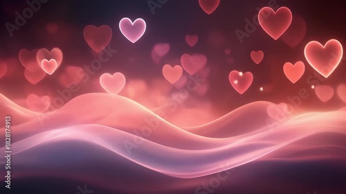 Floating hearts over a pink, dreamy landscape. This image shows a romantic and whimsical atmosphere