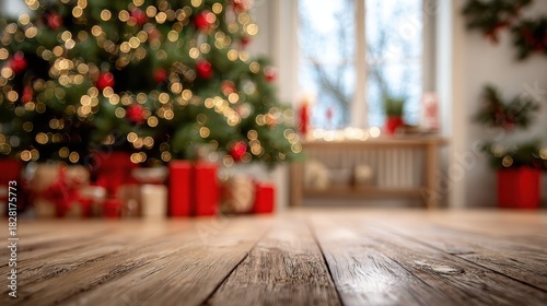 Fototapeta Naklejka Na Ścianę i Meble -  Rustic wooden floor providing copy space with a blurred christmas tree, glowing bokeh lights, and wrapped gifts creating a festive, cozy holiday background scene