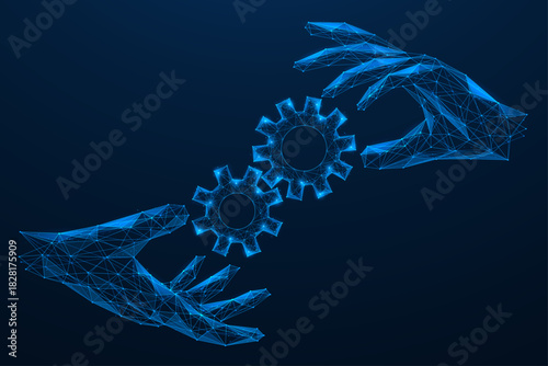 A touch of automation. Digital hands interact with two gear mechanisms. The concept of automation, process synchronization and precision engineering solutions.