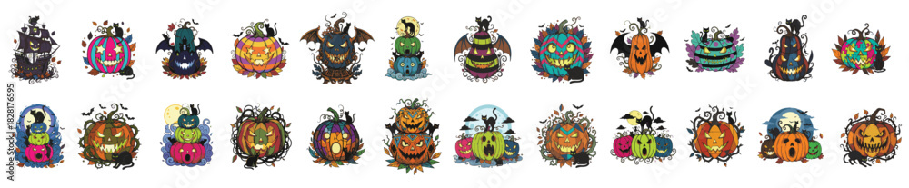 Obraz premium Fantasy Halloween Pumpkins. Stacked and Decorated with Vines and Leaves.