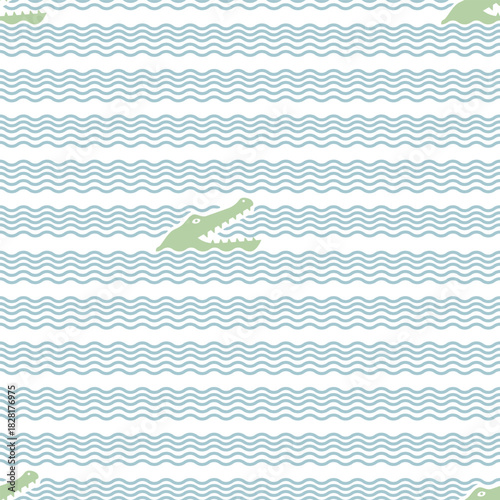 Fun wavy background with blue waves and green crocodiles. Seamless vector pattern for bedding, clothing, or everyday textiles Abstract light blue background with waves for creative nautical decoration