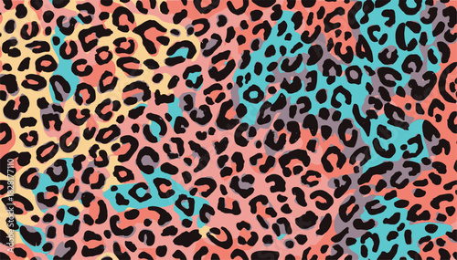Colorful pastel leopard skin seamless pattern. Cheetah skin flat style background in retro boho colors. Pastel peach tutu color leopard print background. Cute and fun kids safari design.