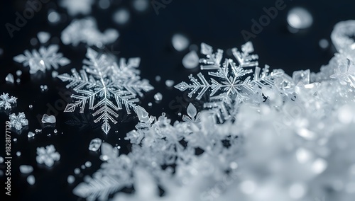 Close up image of snowflakes on a dark background.