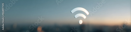 Digital Wi-Fi symbol over a blurred cityscape at dusk, representing fast wireless internet connection and modern telecommunication technology.