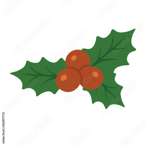 Green holly sprig with bright red berries, simple flat festive illustration perfect for winter designs.