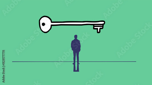 Vector graphic of a person's silhouette contemplating a colossal key, symbolizing strategic solutions, future opportunities, and growth.