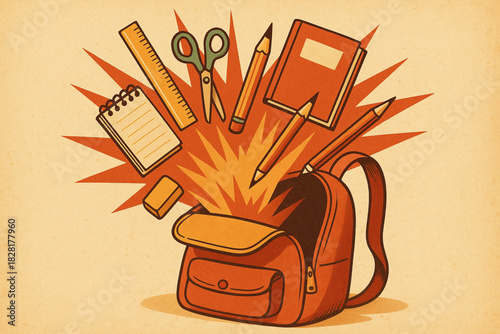 Color illustration of an open backpack with school supplies bursting outward: ruler, notebook, scissors, pencil, eraser, pen. Energetic and educational theme.