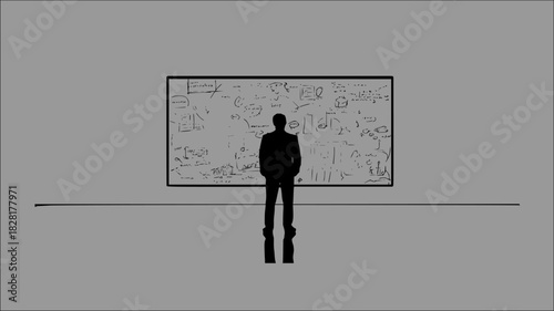 Vector graphic of a silhouette Person facing math board with equations illustration, symbolic thinking and analysis icon for education, scientific inquiry, and intellectual engagement visuals