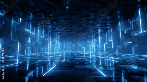 Abstract blue illuminated geometric shapes create a futuristic tunnel or corridor.