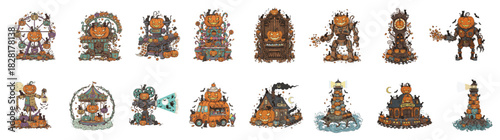 Hand-Drawn Autumn Graphics. Pumpkin Hot Air Balloon and Lighthouse Scene.