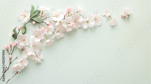 Wallpaper Mural White cherry blossoms branch on pastel green background in spring Torontodigital.ca