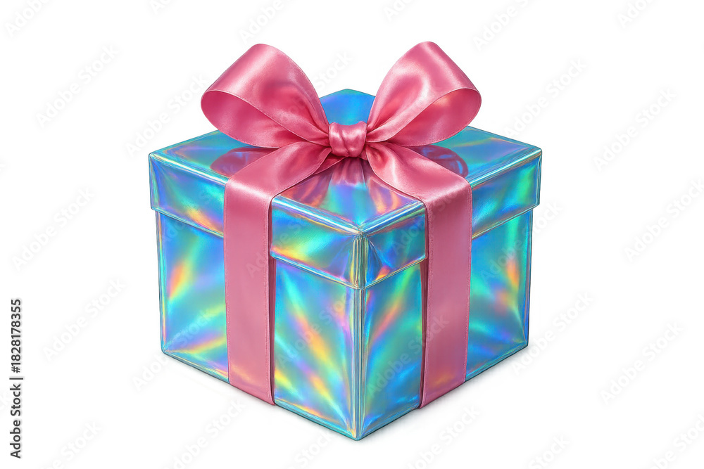 Obraz premium Holographic gift box with a vibrant pink ribbon and bow, creating a festive visual for celebrations, presents, and special occasions