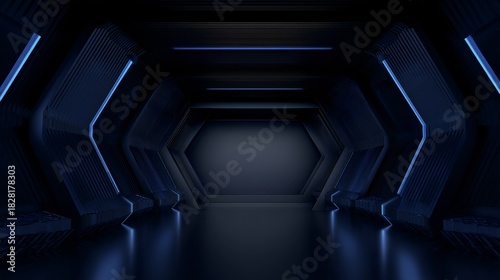 Fototapeta Naklejka Na Ścianę i Meble -  Dark futuristic corridor with blue neon lights and glossy floor.