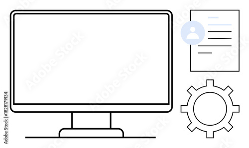 Computer monitor, user profile icon, document, and gear icon represent process management, digital tools, online interface, productivity, tech optimization, organizational systems simple flat