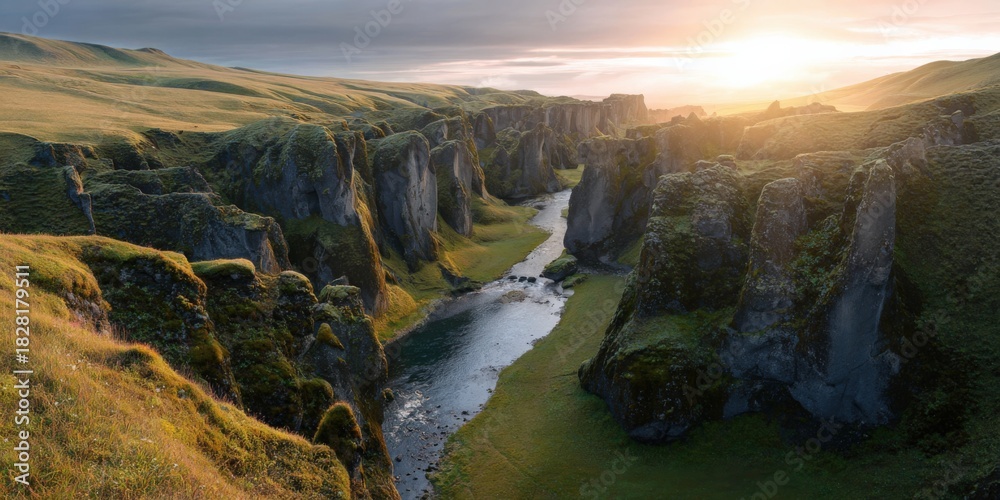 Naklejka premium Sunrise over fjaðrárgljúfur canyon in iceland with lush greenery and river