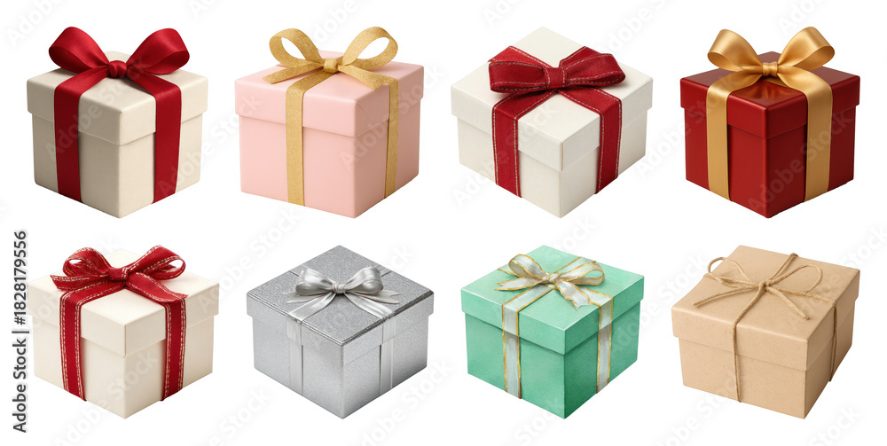 Fototapeta premium PNG Colorful gift boxes with ribbons, element set on transparent background