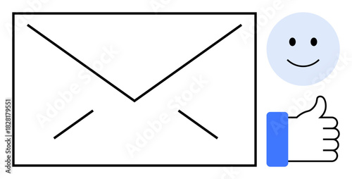 Email concept. Email icon with smiling face and thumbs up indicating positive communication. Email used for messaging, business correspondence, newsletters, and customer support. Suitable