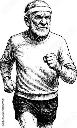 Elderly Man Running, Vintage Engraving Illustration, Active Senior Lifestyle Black and White Vector Art