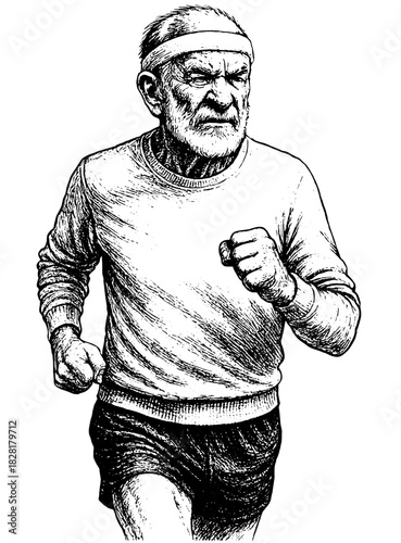 Elderly Man Running, Vintage Engraving Illustration, Active Senior Lifestyle Black and White Vector Art