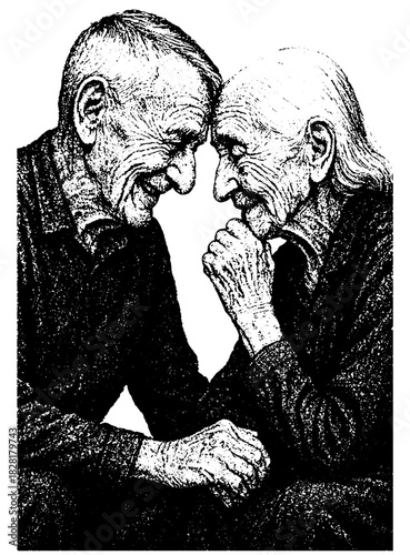 Elderly Couple Holding Hands, Vintage Engraving Portrait, Emotional Nostalgic Love and Memory Illustration