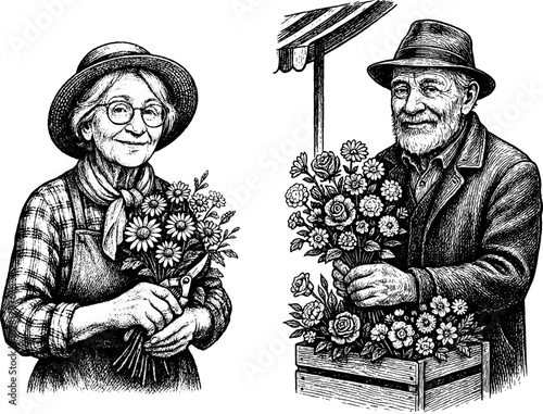 Elderly Florist Couple with Flowers, Vintage Engraving Illustration, Nostalgic Market Scene Black and White Vector