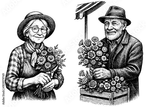 Elderly Florist Couple with Flowers, Vintage Engraving Illustration, Nostalgic Market Scene Black and White Vector