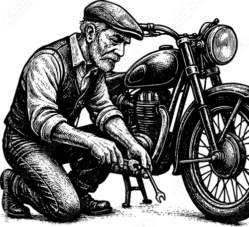 Elderly Man Fixing Vintage Motorcycle, Engraving Style Illustration, Retro Mechanical Nostalgic Black and White Art