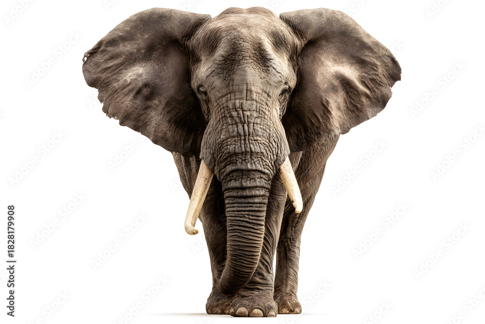 Fototapeta premium Majestic elephant walking on a plain against a bright background in a tranquil setting