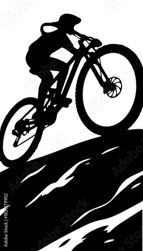Black and white illustration of a silhouette of a cyclist riding a mountain bike on a white isolated background. Vector graphics. EPS.