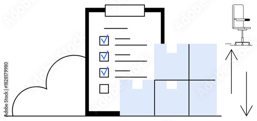 Checklist with marked tasks, stacked boxes, cloud, office chair, growth arrows. Ideal for logistics, inventory, productivity cloud storage goal tracking warehousing efficient management. Simple