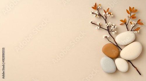 Soft Watercolor Abstraction: Stones, Dry Branches on Beige Background for Cosmetic Beauty Product Branding Identity