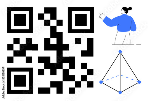Black QR code, geometric pyramid diagram with nodes, person pointing right in blue sweater. Ideal for technology, coding, digital media, directions, data sharing education and networking. Simple