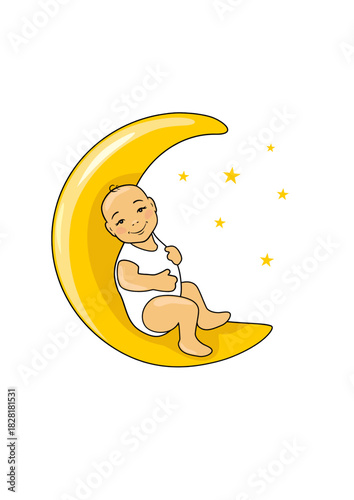 Smiling baby is sitting on the moon