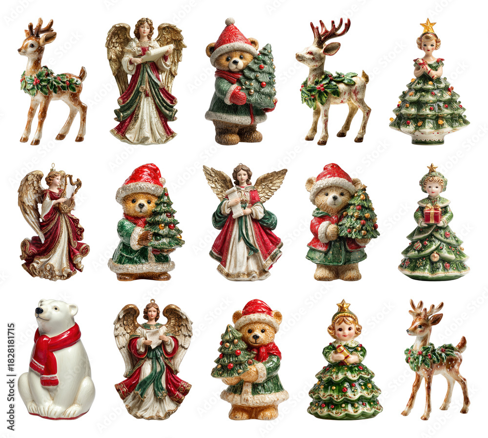 Naklejka premium PNG Festive holiday figurines collection, element set on transparent background