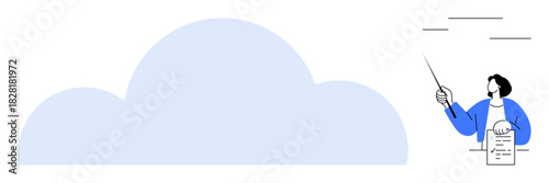 Person holding chart and pointing with stick near cloud-shaped graphic. Ideal for data, technology, education, communication, presentation, brainstorming, internet usage. Simple flat metaphor