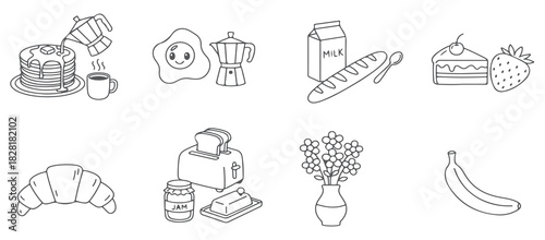 Outline Drawing Set of Everyday Morning Objects, Tea, Egg, and Croissant.