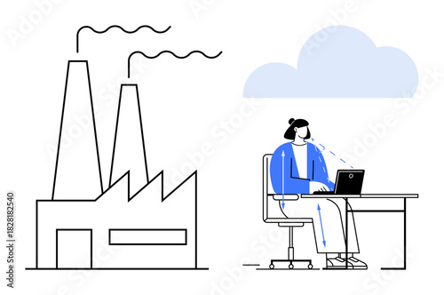 Air pollution impacts. Factory emissions affecting air quality and human health. Air pollution and its link to office productivity and workplace wellness. For environment, productivity