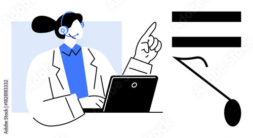 Woman with headset working on a laptop, pointing upward with hand. Ideal for tech support, remote assistance, communication, virtual workspace, customer service, digital interaction, help desk