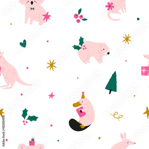 Cute Christmas Australian Animals Seamless Pattern. Koala, Kangaroo, Platypus & Wombat.