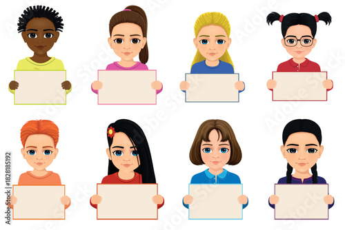 Girls with different hair colors holding blank boards