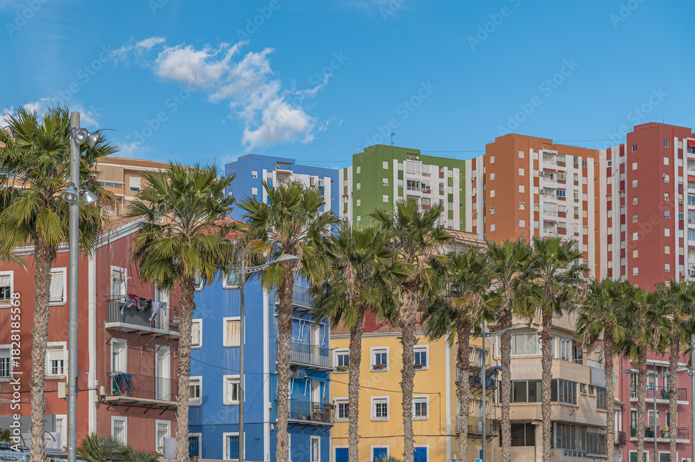 Fototapeta premium Colorful building facades in the old town of Villajoyosa, Spain