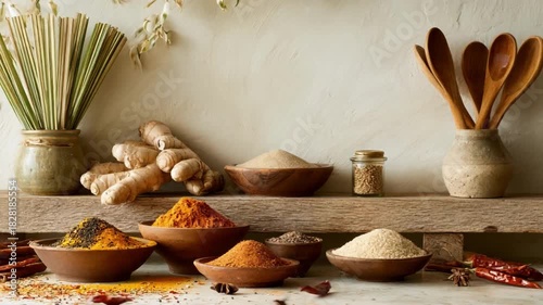 Medium shot of an Asianinspired kitchen shelf showcasing bold fragrant seasoning mixes with ginger chili and sesame seeds artfully arranged alongside bamboo utensils.