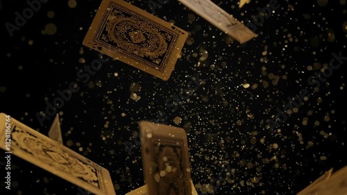 Tarot cards falling in dark space with glowing particles. Tarot cards scatter with magical energy, suggesting divination, mystery, and fate. Tarot cards represent esoteric knowledge, intuition,
