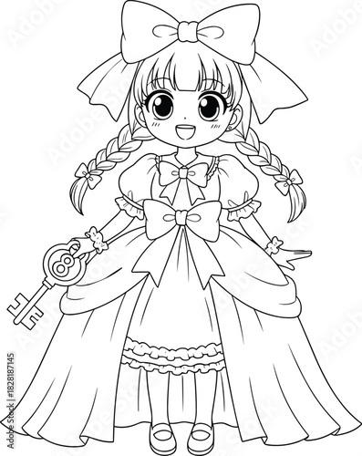 Cute anime girl in bow dress holding key, kawaii coloring page for kids and adults, detailed line art illustration