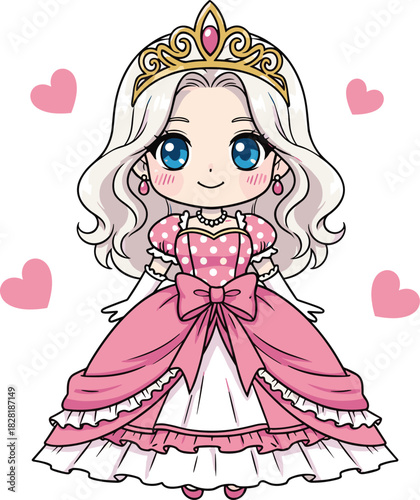 Cute anime princess girl in pink dress with crown and hearts, adorable chibi character illustration for kids designs, flat vector illustration