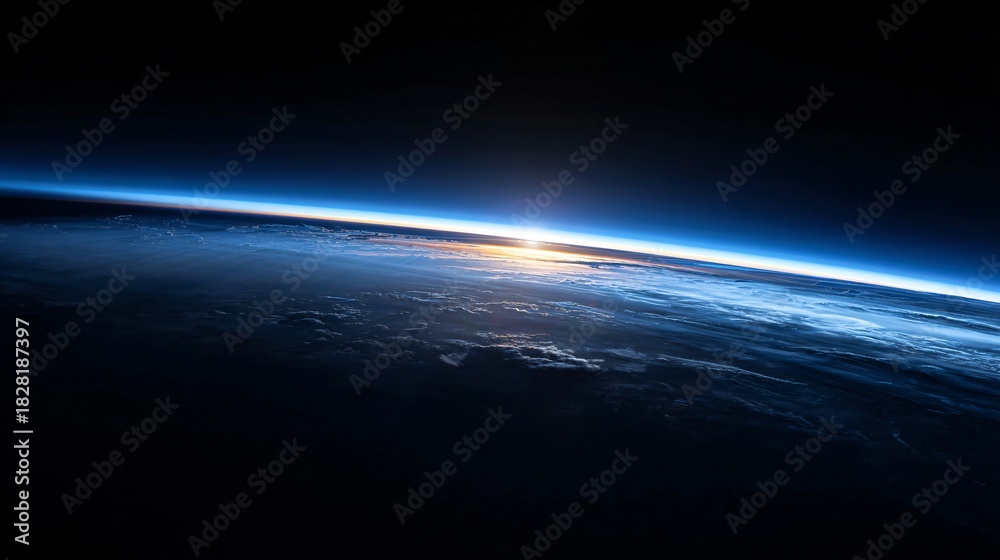 Fototapeta premium Earth from space with sunrise or sunset over the horizon and atmosphere.