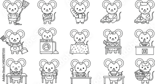 Cute mouse character household activity set, adorable cartoon mice doing chores and cooking, kids coloring page collection, flat vector illustration
